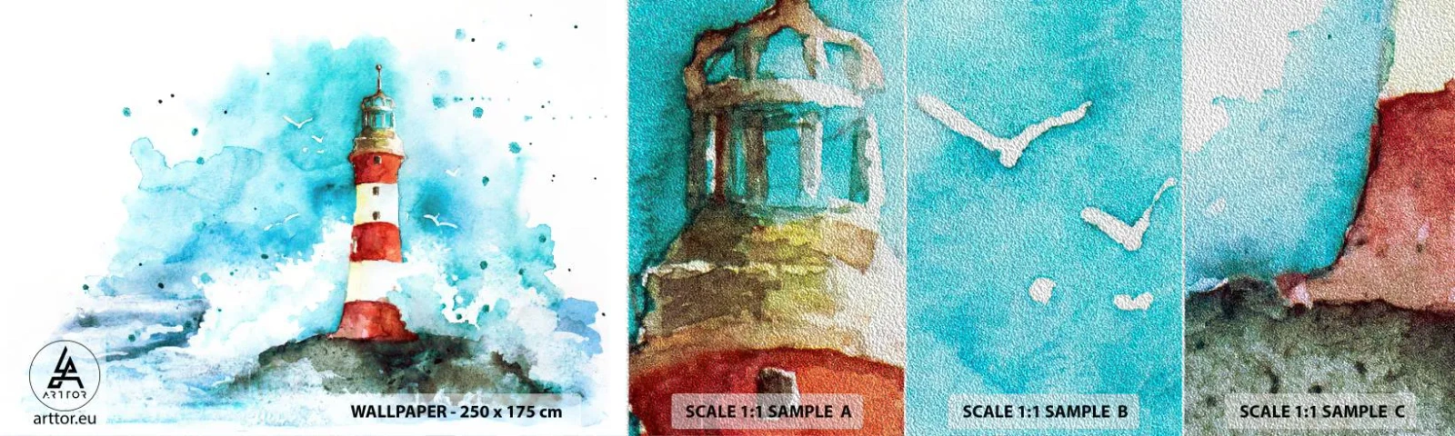Fototapeta Próbka Premium Sand - Jedność żywiołów - Latarnia Morska, Krajobraz, Grafika - 100x30 cm