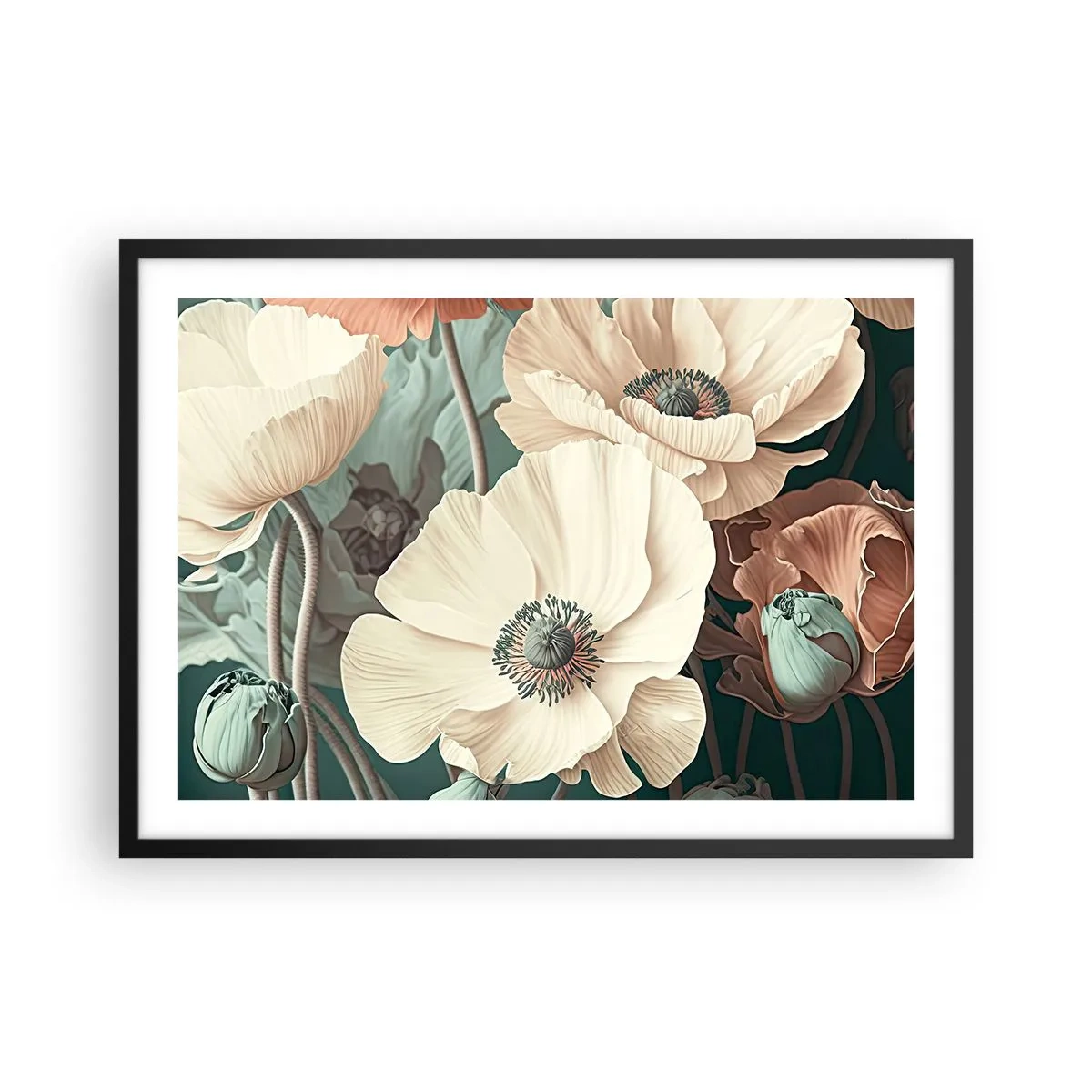 Plakat w czarnej ramie - Eleganckie kwiaty w pastelowych odcieniach na zielonym tle - 70x50cm - Szept maków - Nowoczesna dekoracja ścienna do salonu i sypialni ARTTOR