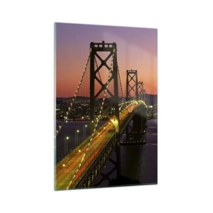 Obraz na szkle - Most podświetlony nocą nad wodą z panoramą miasta - 80x120cm - Wieczór we fiolecie - Nowoczesna dekoracja ścienna do salonu i sypialni ARTTOR