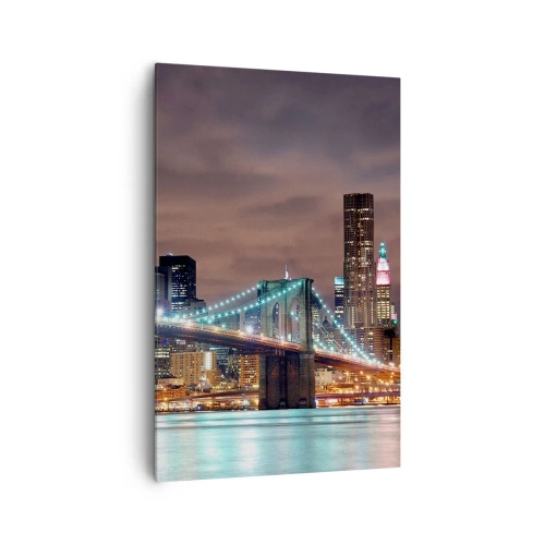 Obraz na płótnie - Most podświetlony nocą na tle nowoczesnej panoramy miasta - 80x120cm - Światła wielkiego miasta - Nowoczesna dekoracja ścienna do salonu i sypialni ARTTOR