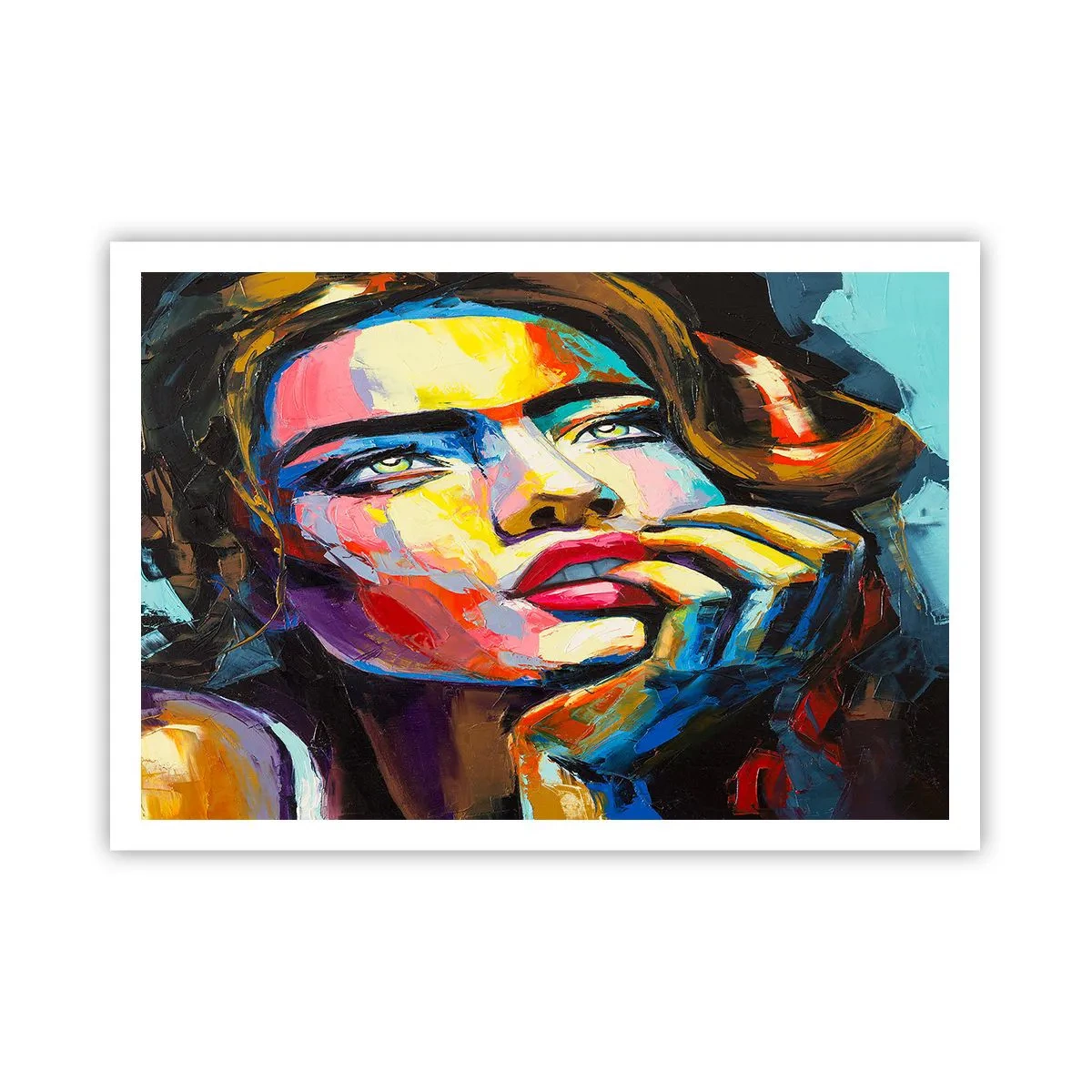 Plakat - Kolorowy portret kobiety w stylu ekspresjonistycznym - 100x70cm - Marzenia jak ptaki szybują po niebie - Nowoczesna dekoracja ścienna do salonu i sypialni ARTTOR