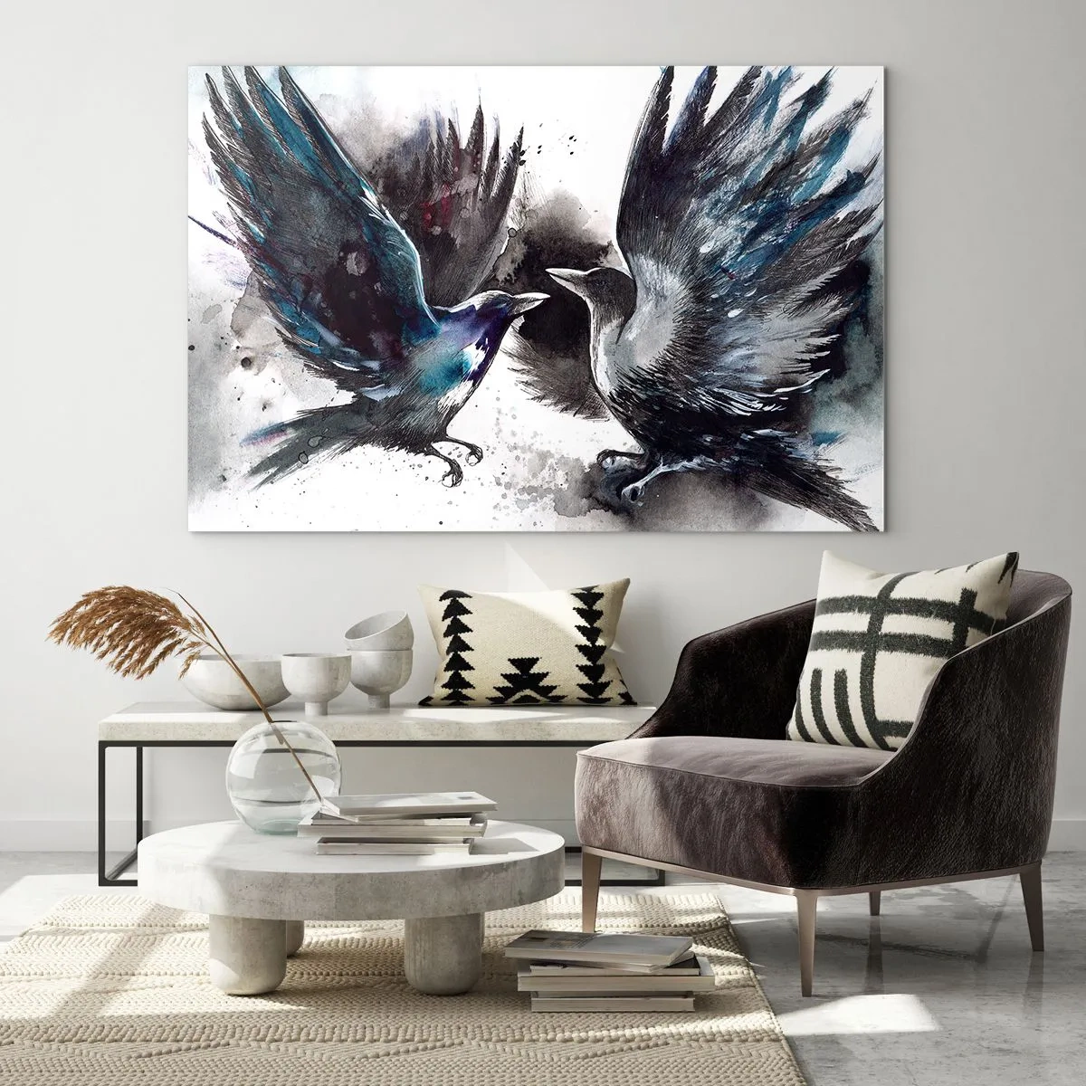 Obraz na szkle - Dwa kruki w dynamicznej pozycji z rozpostartymi skrzydłami - 70x50cm - Kruk krukowi… - Nowoczesna dekoracja ścienna do salonu i sypialni ARTTOR