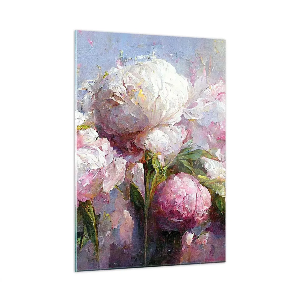 Obraz na szkle - Obraz olejny z rozkwitającymi białymi i różowymi piwoniami - 50x70cm - Kipiący życiem bukiet - Nowoczesna dekoracja ścienna do salonu, kuchni i sypialni ARTTOR