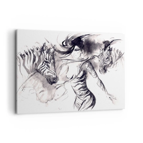 Obraz na płótnie - Kobieta w dynamicznym tańcu z zebrami w czarno-białej estetyce - 100x70cm - Tańcząca z zebrami - Nowoczesna dekoracja ścienna do salonu, kuchni i sypialni ARTTOR