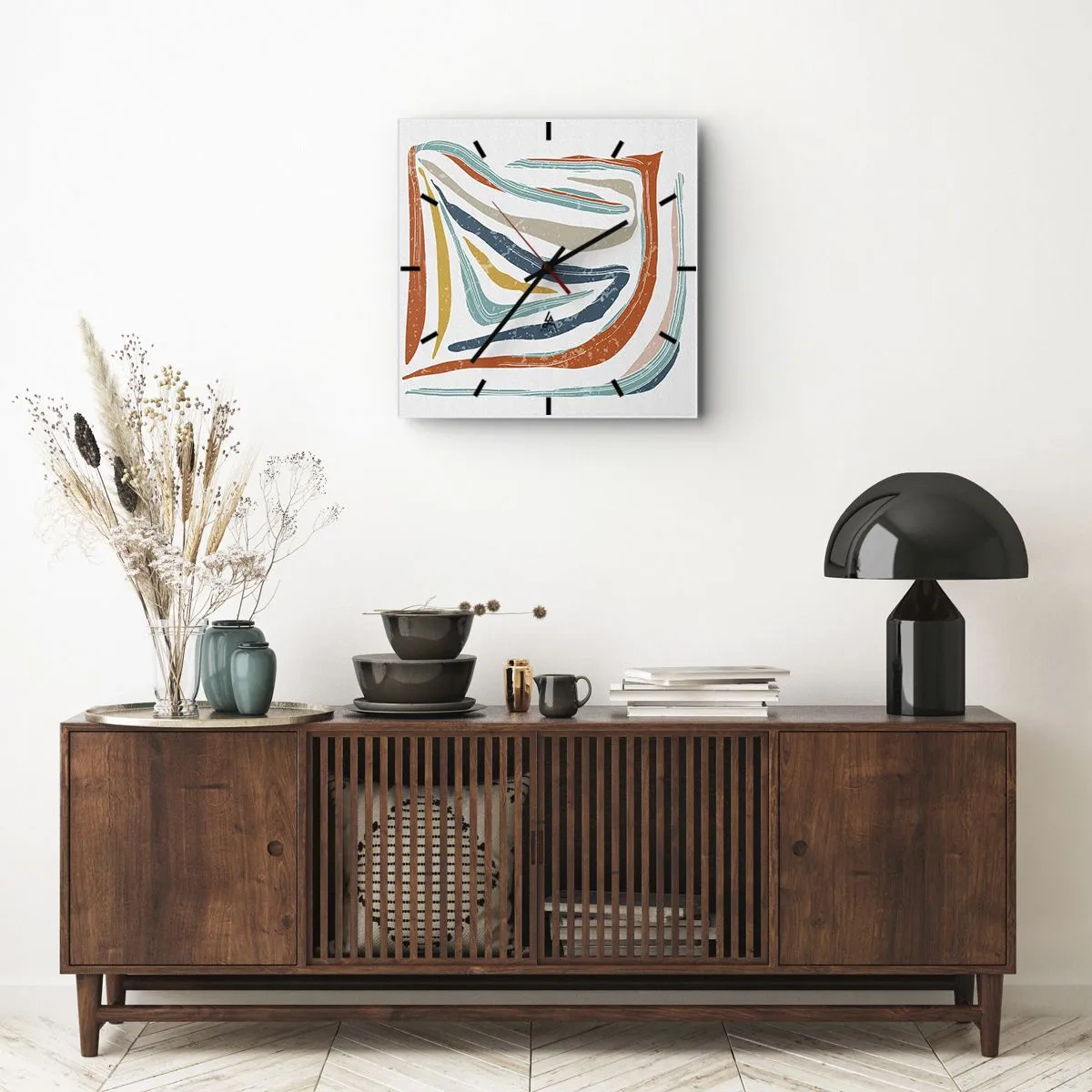 Zegar ścienny - Kolorowe, dynamiczne linie w odcieniach błękitu, pomarańczu i beżu - 30x30cm - Abstrakcja przyjaźnie uśmiechnięta - Nowoczesna dekoracja ścienna do salonu i sypialni ARTTOR