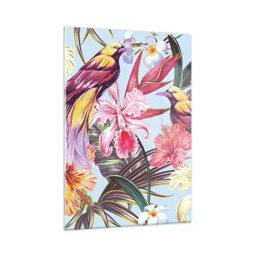 Obraz na szkle - Egzotyczne ptaki i kwiaty na jasnym tle - 50x70cm - Płatki i piórka - Nowoczesna dekoracja ścienna do salonu, kuchni i sypialni ARTTOR
