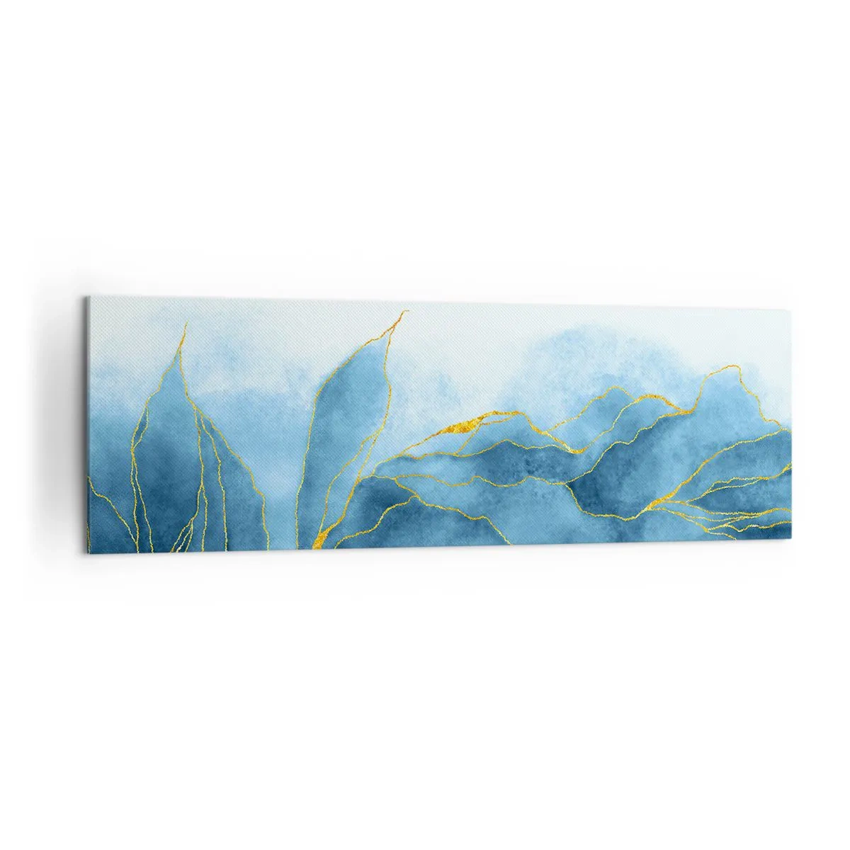 Obraz na płótnie - Abstrakcyjne fale w odcieniach niebieskiego ze złotymi akcentami - 160x50cm - Błękit w złocie - Nowoczesna dekoracja ścienna do salonu i sypialni ARTTOR