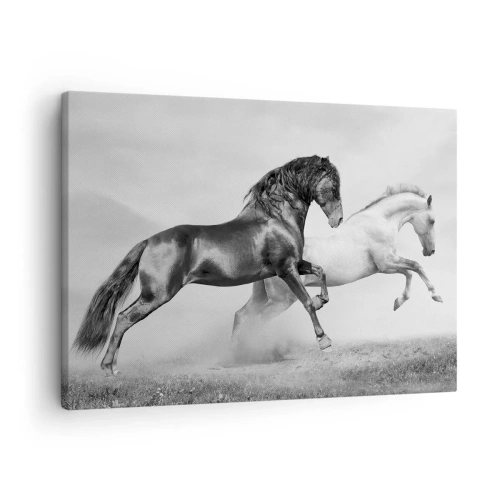 Obraz na płótnie - Dwa konie galopujące w dynamicznej, czarno-białej kompozycji - 70x50cm - Anioły i demony - Nowoczesna dekoracja ścienna do salonu i sypialni ARTTOR
