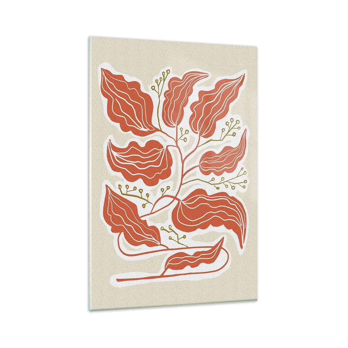 Obraz na szkle - Minimalistyczny motyw liści w odcieniach pomarańczowego i zielonego - 80x120cm - Ludowo i koralowo - Nowoczesna dekoracja ścienna do salonu i sypialni ARTTOR