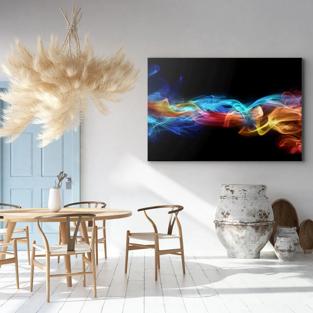 Obraz na płótnie - Kolorowy dym na czarnym tle - 70x50cm - Tęczowy taniec mgieł - Nowoczesna dekoracja ścienna do salonu i sypialni ARTTOR