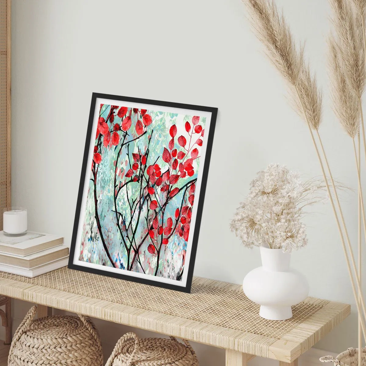 Plakat w czarnej ramie - Czerwone liście na tle abstrakcyjnej tekstury - 50x70cm - Drzewo w szkarłacie - Nowoczesna dekoracja ścienna do salonu i sypialni ARTTOR