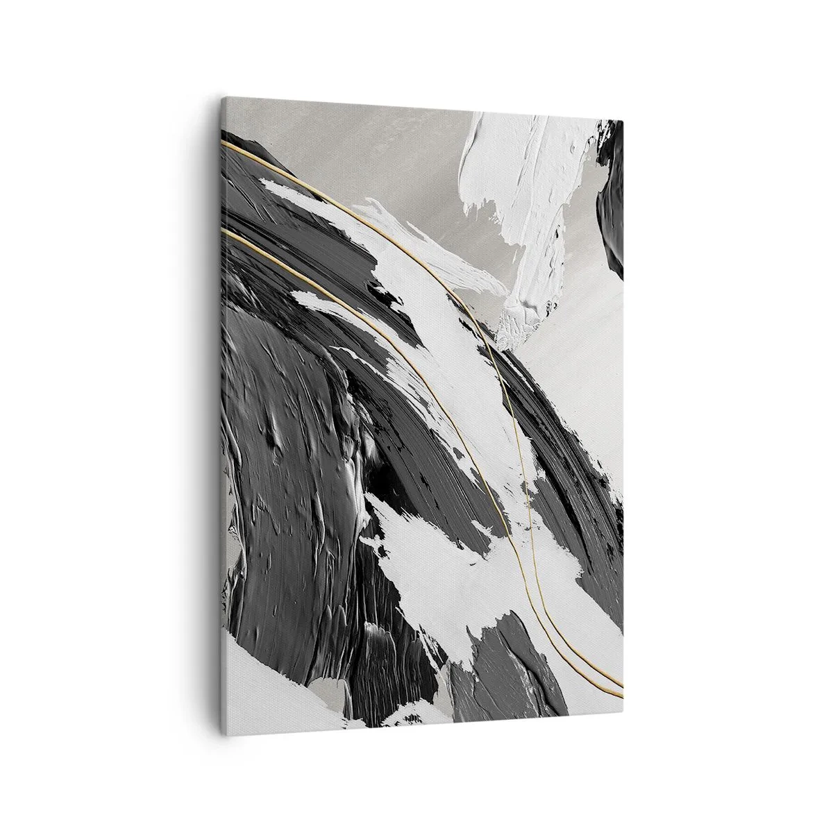 Obraz na płótnie - Abstrakcyjna kompozycja dynamicznych pociągnięć pędzla w czerni, bieli i złocie - 50x70cm - Abstrakcja z rozmachem - Nowoczesna dekoracja ścienna do salonu, kuchni i sypialni ARTTOR