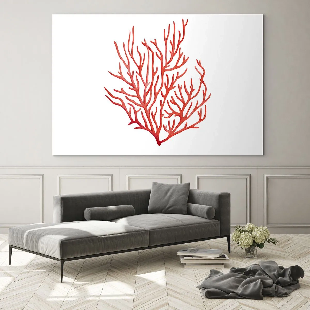 Obraz na szkle - Czerwony koral o filigranowej strukturze na białym tle - 70x50cm - Koralowy filigran - Nowoczesna dekoracja ścienna do salonu i sypialni ARTTOR