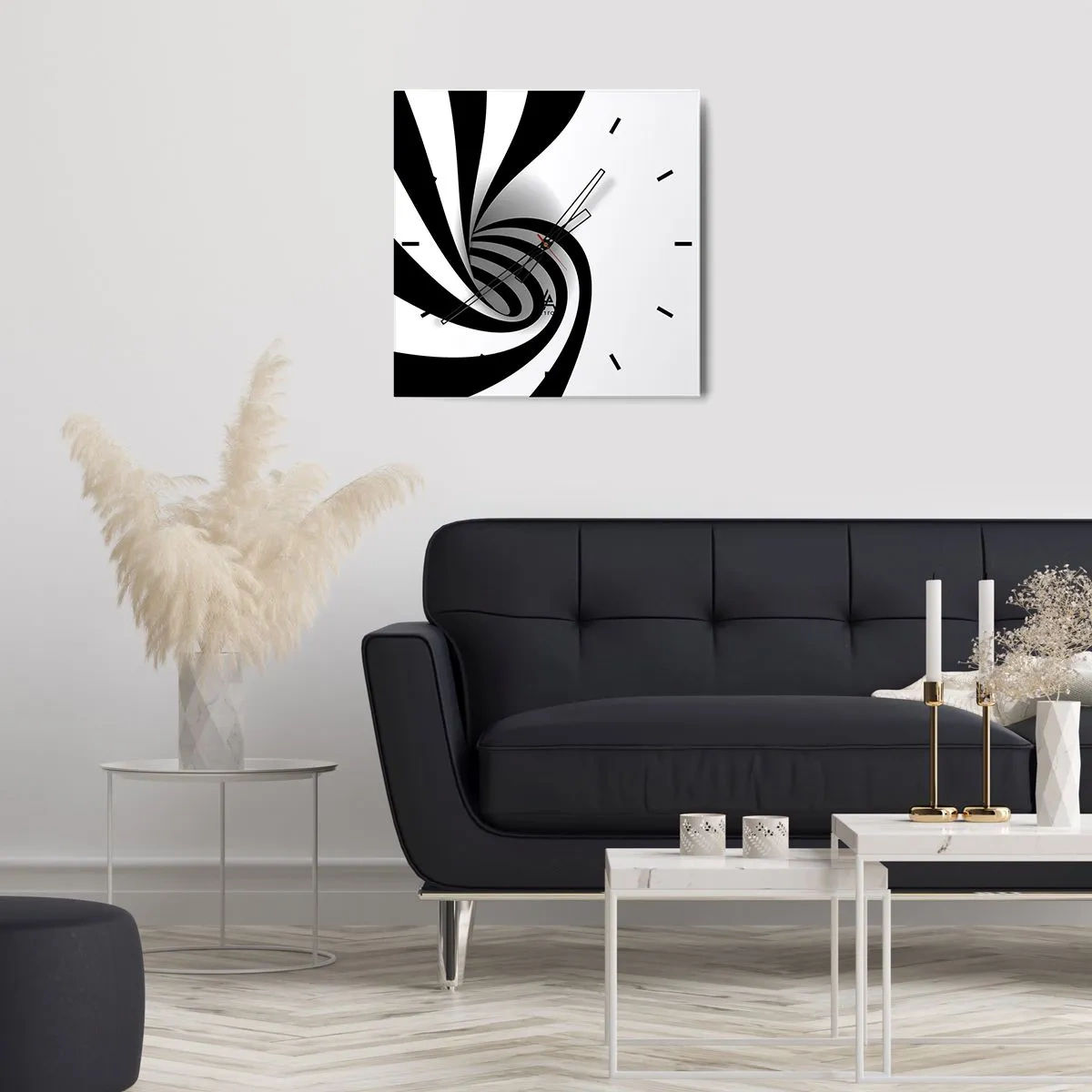 Zegar ścienny - Abstrakcyjny czarno-biały wir optyczny - 30x30cm - A jednak się kręci - Nowoczesna dekoracja ścienna do salonu i sypialni ARTTOR