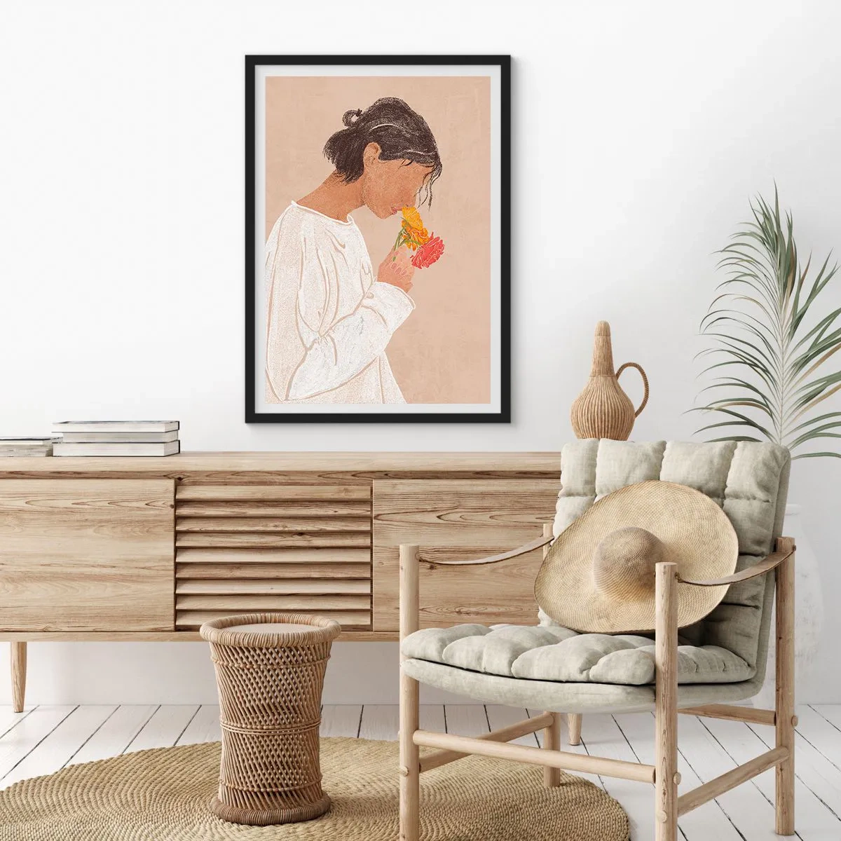 Plakat w czarnej ramie - Dziewczyna i kwiaty - 61x91 cm