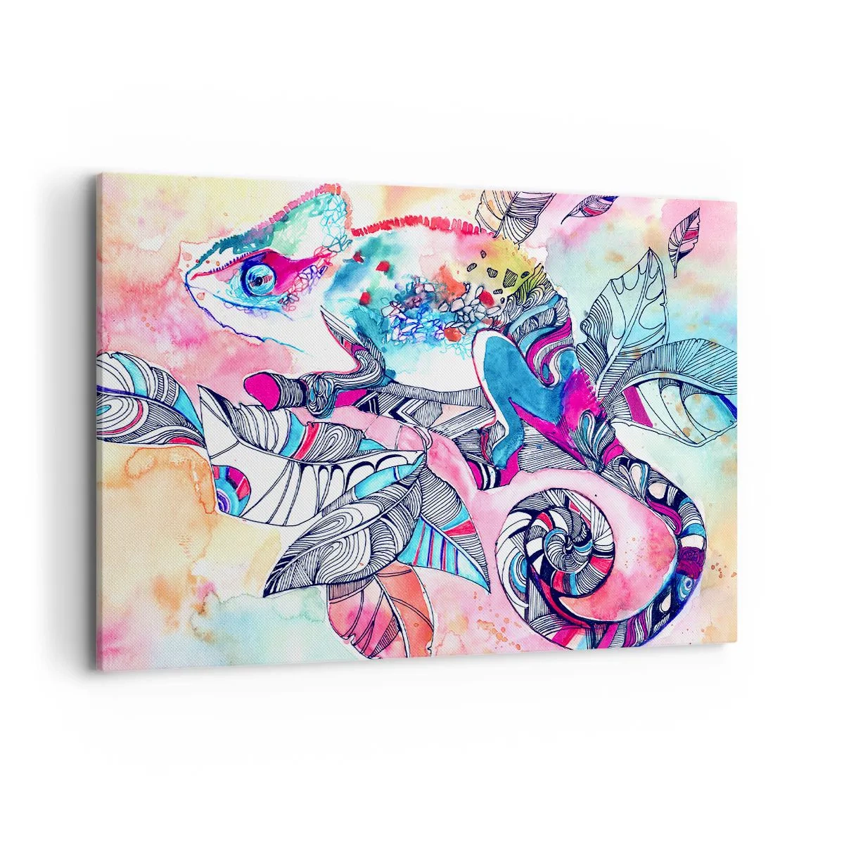 Obraz na płótnie - Kolorowy kameleon na tle abstrakcyjnych liści - 120x80cm - Kolorowy jak nasz świat - Nowoczesna dekoracja ścienna do salonu, kuchni i sypialni ARTTOR