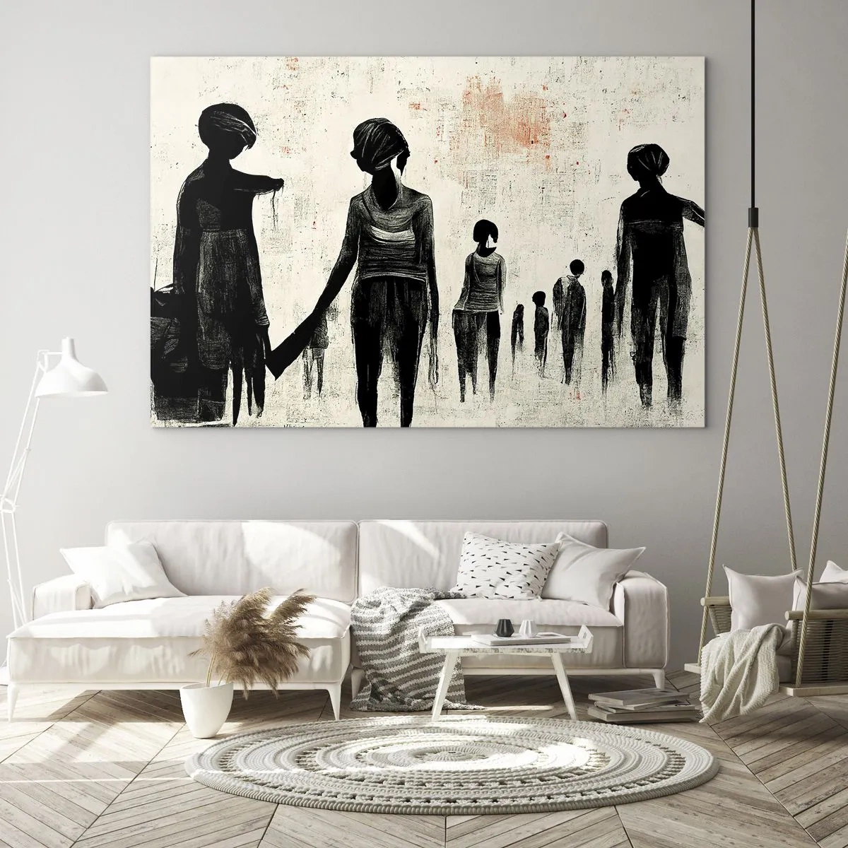 Obraz na szkle - Czarne postacie w ruchu na jasnym tle z czerwoną fakturą - 70x50cm - Przeciw samotności - Nowoczesna dekoracja ścienna do salonu i sypialni ARTTOR