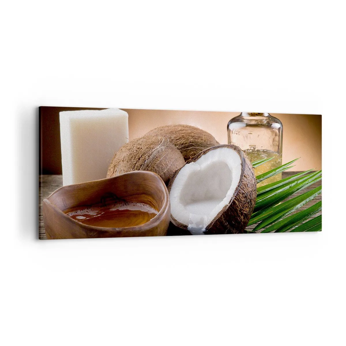 Obraz na płótnie - Kokosy, świeca i olejek na drewnianym tle - 120x50cm - Zdrowie z tropikalnych wysp - Nowoczesna dekoracja ścienna do salonu i sypialni ARTTOR