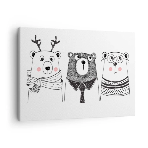 Obraz na płótnie - Trzy zabawne niedźwiedzie w minimalistycznym stylu - 70x50cm - Miś, misiaczek i misio - Nowoczesna dekoracja ścienna do salonu i sypialni ARTTOR