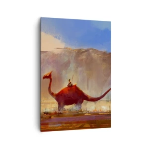 Obraz na płótnie - Fantazyjna scena z jeźdźcem na prehistorycznym stworzeniu - 70x100cm - Gdyby nie wyginęły - Nowoczesna dekoracja ścienna do salonu i sypialni ARTTOR