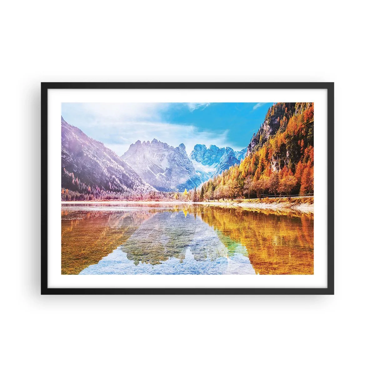Plakat w czarnej ramie - Jesienny krajobraz górski z jeziorem - 70x50cm - A w górach już jesień - Nowoczesna dekoracja ścienna do salonu i sypialni ARTTOR
