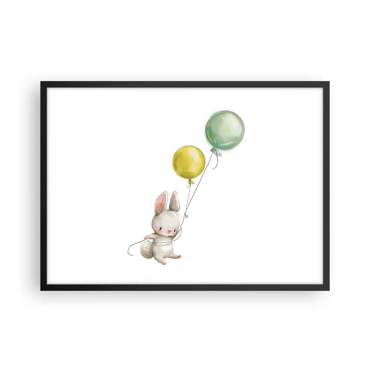Plakat w czarnej ramie - Królik trzymający balony w pastelowych odcieniach - 70x50cm - Też polecę! - Nowoczesna dekoracja ścienna do salonu i sypialni ARTTOR