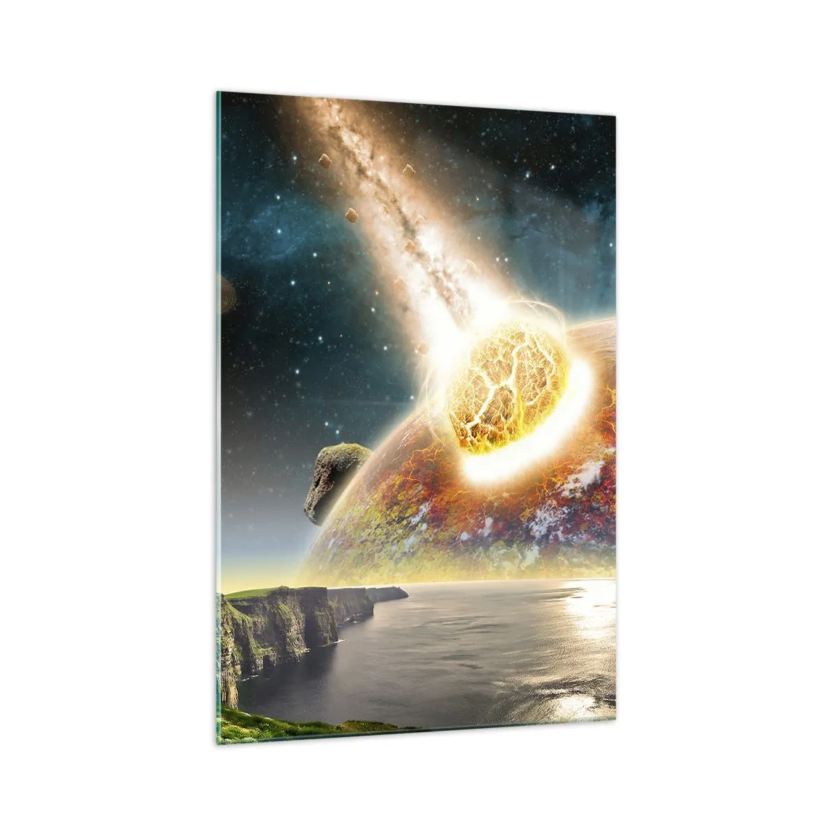 Obraz na szkle - Zderzenie meteorytu z planetą w kosmicznym krajobrazie - 70x100cm - Kosmiczny dramat - Nowoczesna dekoracja ścienna do salonu i sypialni ARTTOR