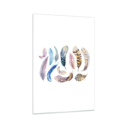 Obraz na szkle - Kolorowe pióra w delikatnym akwarelowym stylu - 70x100cm - Lekkie, pstrokate i wielobarwne - Nowoczesna dekoracja ścienna do salonu i sypialni ARTTOR