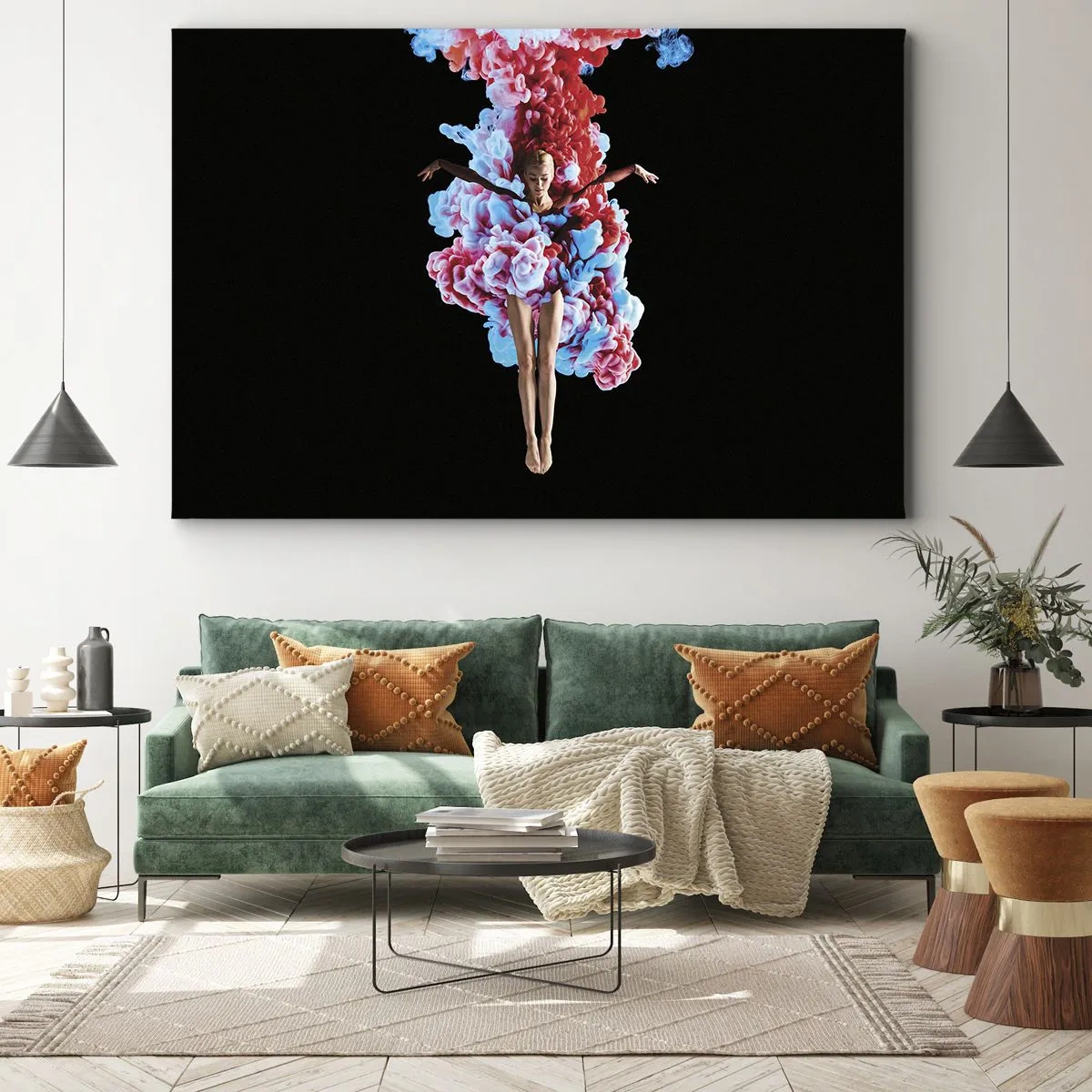 Obraz na płótnie - Tancerka otoczona kolorowym dymem na czarnym tle - 100x70cm - W pełnym rozkwicie - Nowoczesna dekoracja ścienna do salonu, kuchni i sypialni ARTTOR