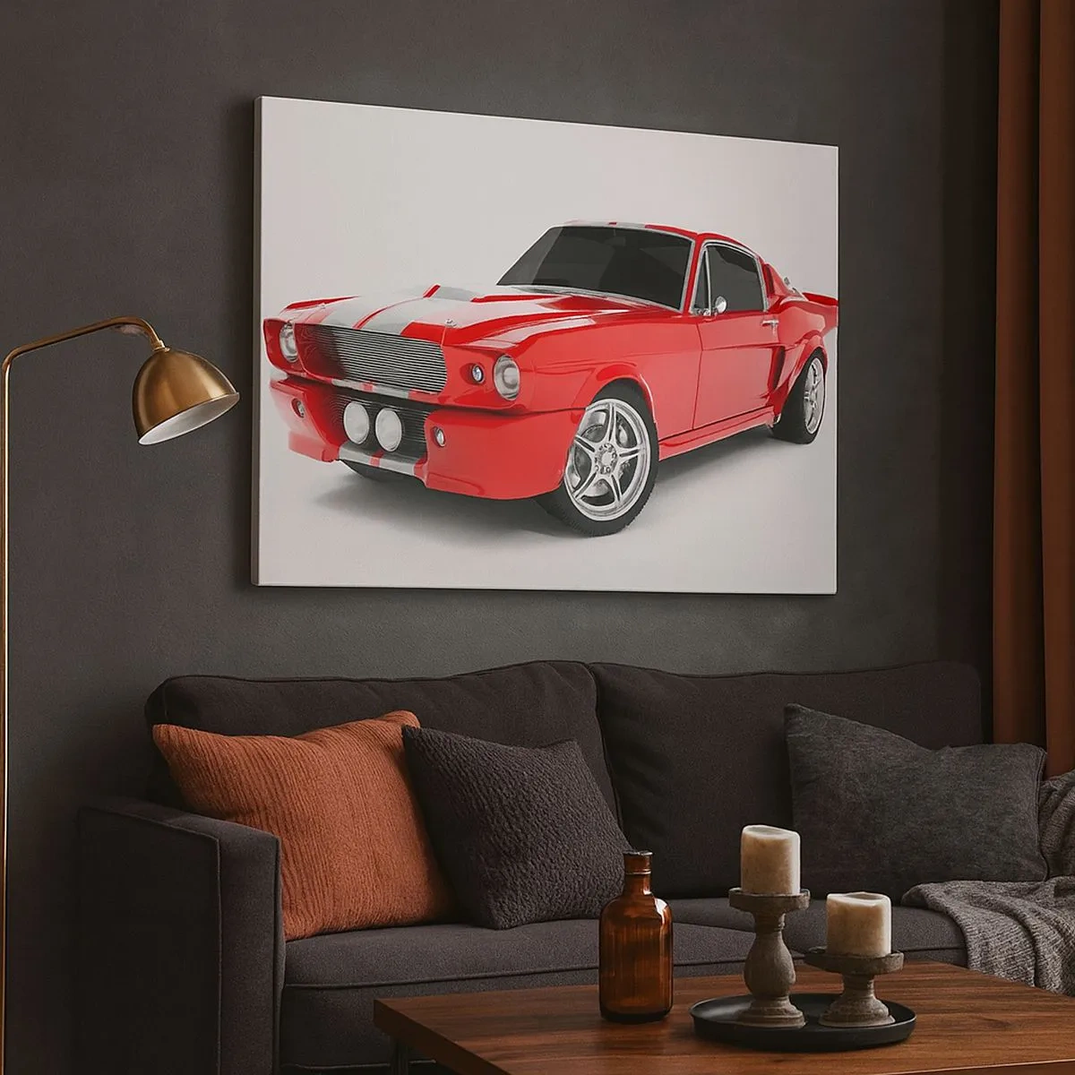 Obraz na płótnie - Czerwony samochód sportowy z białymi pasami - 70x50cm - Mustang prędki jak wiatr - Nowoczesna dekoracja ścienna do salonu i sypialni ARTTOR