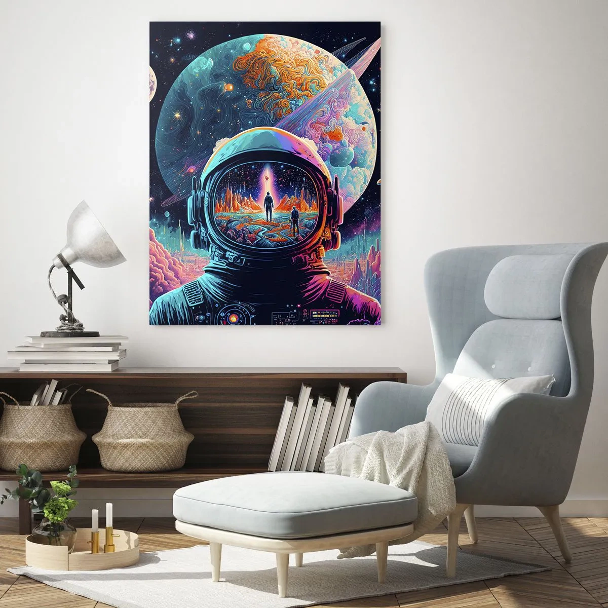Obraz na szkle - Astronauta w kosmosie z kolorowym pejzażem planetarnym - 80x120cm - Filozofom się nie śniło - Nowoczesna dekoracja ścienna do salonu i sypialni ARTTOR