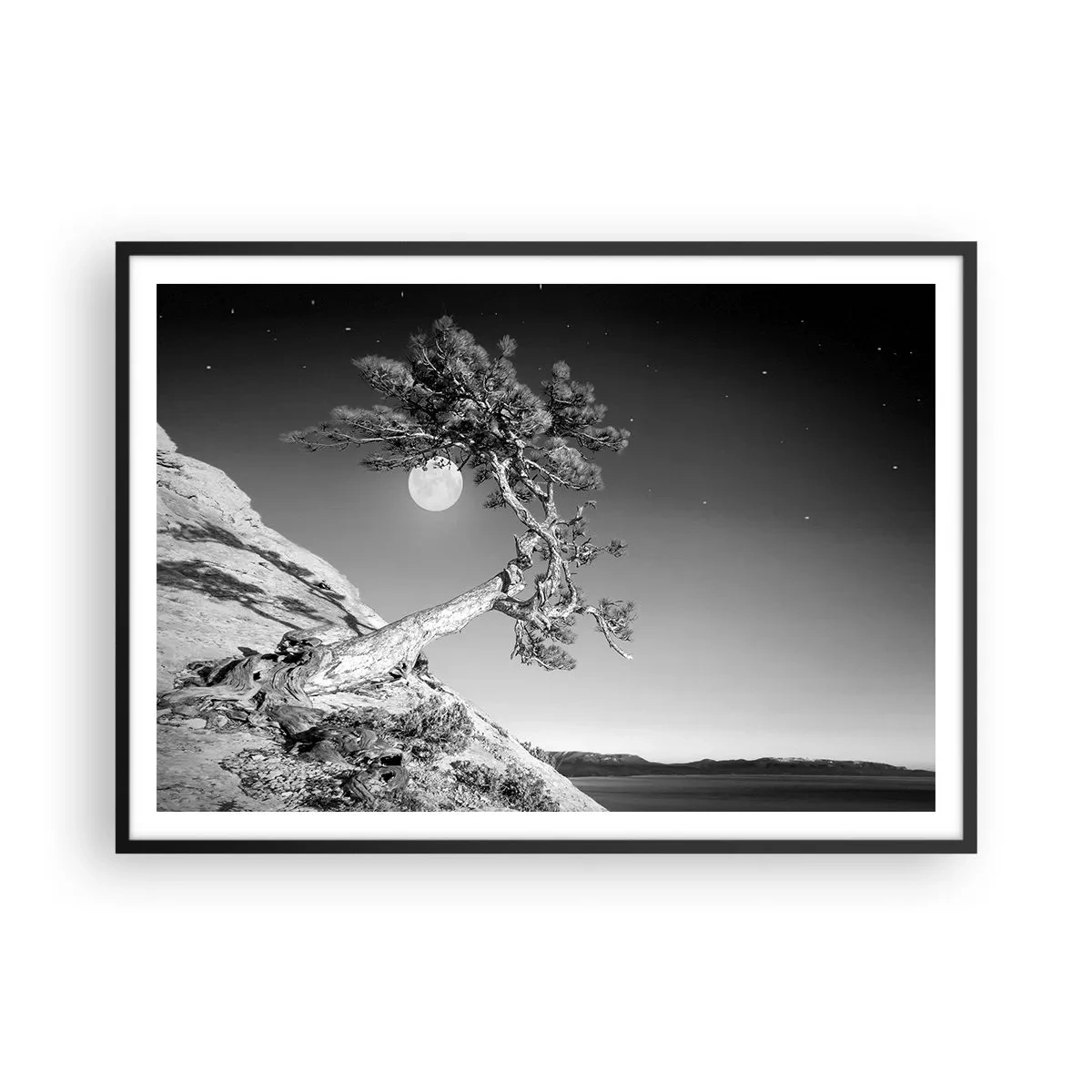 Plakat w czarnej ramie - Czarno-białe drzewo na klifie z księżycem w tle - 100x70cm - Zwycięska wojowniczka - Nowoczesna dekoracja ścienna do salonu i sypialni ARTTOR