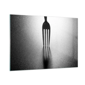 Obraz na szkle - Widelec rzucający cień w minimalistycznej czarno-białej kompozycji - 100x70cm - Światło i cień - Nowoczesna dekoracja ścienna do salonu, kuchni i sypialni ARTTOR
