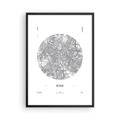 Plakat w czarnej ramie - Minimalistyczna mapa Rzymu w czarno-białej tonacji - 50x70cm - Anatomia Rzymu - Nowoczesna dekoracja ścienna do salonu i sypialni ARTTOR