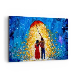 Obraz na płótnie - Para pod czerwonym parasolem w świetlistym deszczu - 100x70cm - Magia deszczowego wieczoru? - Nowoczesna dekoracja ścienna do salonu, kuchni i sypialni ARTTOR