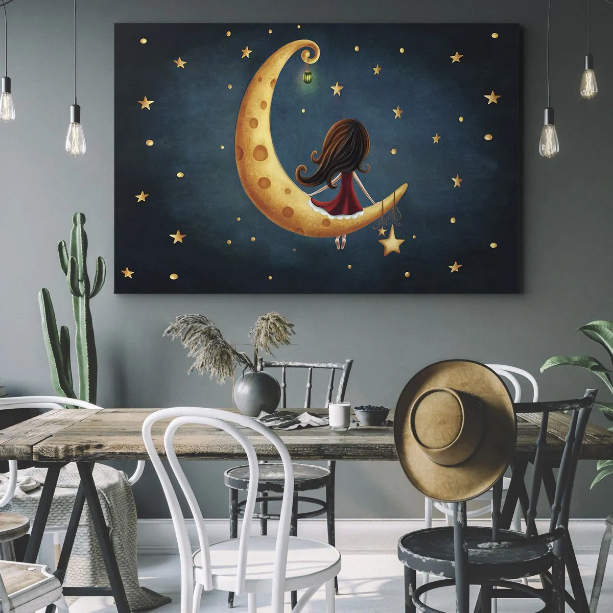 Obraz na płótnie - Dziewczynka na księżycu w otoczeniu gwiazd - 70x50cm - Pewnego razu… - Nowoczesna dekoracja ścienna do salonu i sypialni ARTTOR