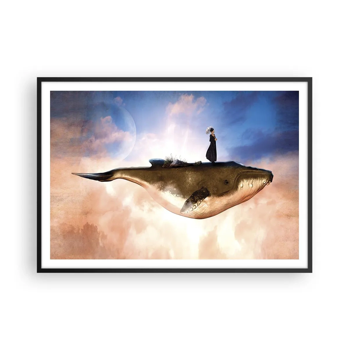 Plakat w czarnej ramie - Fantastyczna scena kobiety na wielorybie wśród chmur - 100x70cm - Nadrealna podróż - Nowoczesna dekoracja ścienna do salonu i sypialni ARTTOR
