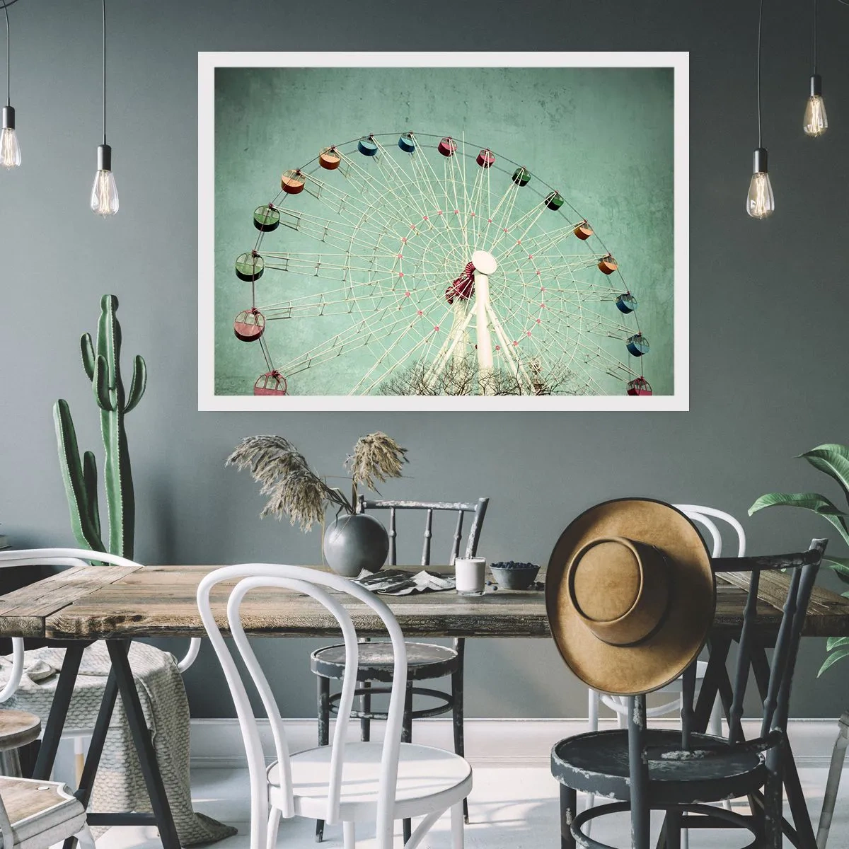 Plakat - Kolorowy diabelski młyn na tle błękitnego nieba w stylu retro - 100x70cm - Zapraszamy do zabawy - Nowoczesna dekoracja ścienna do salonu i sypialni ARTTOR