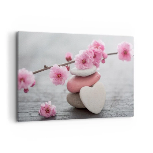 Obraz na płótnie - Delikatne kwiaty wiśni z kamieniami w kształcie serca - 100x70cm - Błogość z kwiatem wiśni - Nowoczesna dekoracja ścienna do salonu, kuchni i sypialni ARTTOR