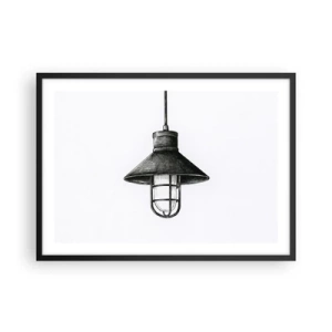 Plakat w czarnej ramie - Rysunek wiszącej lampy w stylu retro na białym tle - 70x50cm - Jak przed laty… - Nowoczesna dekoracja ścienna do salonu i sypialni ARTTOR