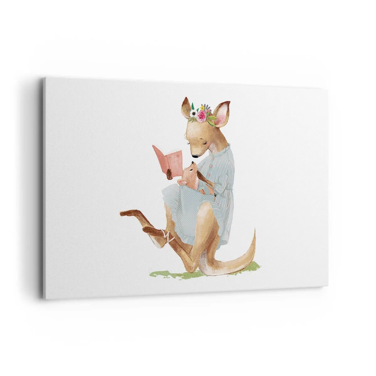 Obraz na płótnie - Kangurzyca czytająca książkę z dzieckiem - 120x80cm - Poczytaj mi, mamo - Nowoczesna dekoracja ścienna do salonu, kuchni i sypialni ARTTOR