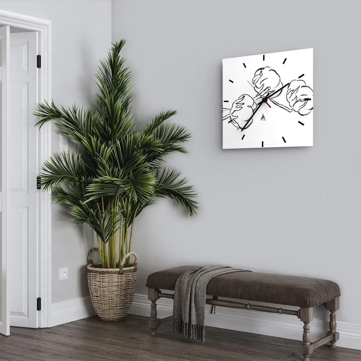 Zegar ścienny - Delikatny kontur gałązki bawełny na białym tle - 30x30cm - Bawełniany puch - Nowoczesna dekoracja ścienna do salonu i sypialni ARTTOR