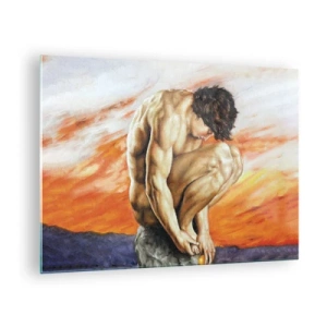 Obraz na szkle - Nagie ludzkie ciało na tle intensywnego pomarańczowego nieba - 70x50cm - Zatopiony w sobie - Nowoczesna dekoracja ścienna do salonu i sypialni ARTTOR