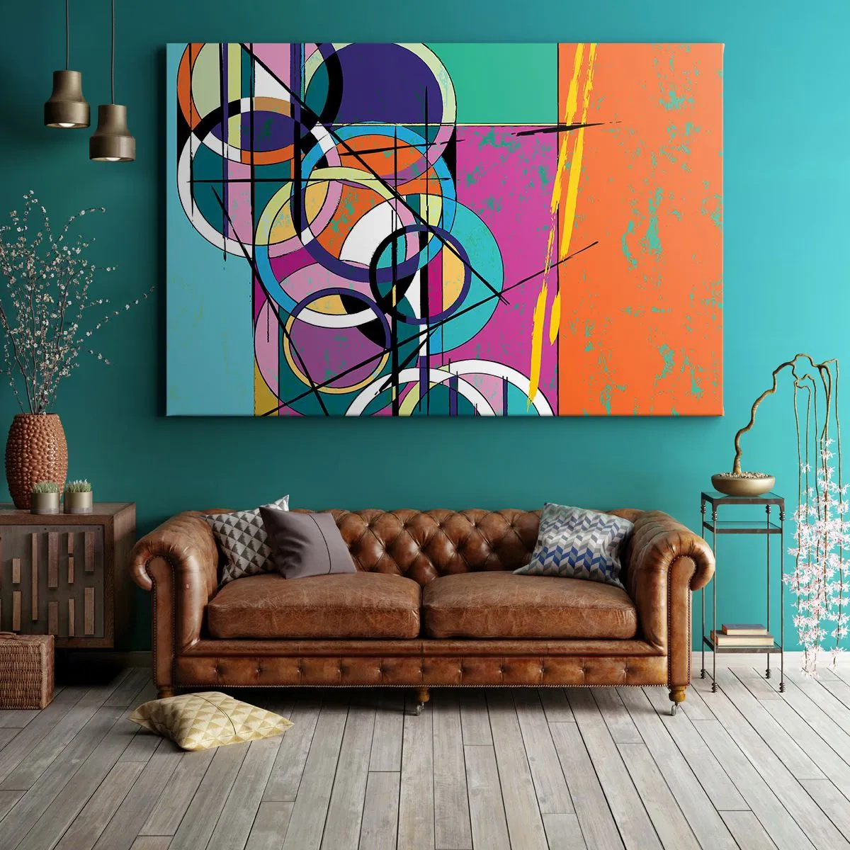 Obraz na płótnie - Kolorowa abstrakcja z geometrycznymi okręgami - 100x70cm - Koło za kołem - Nowoczesna dekoracja ścienna do salonu, kuchni i sypialni ARTTOR