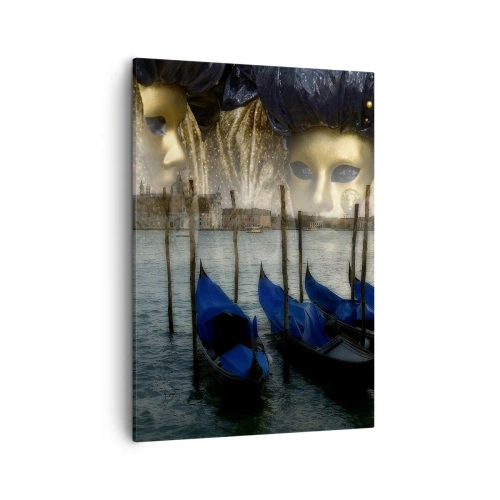 Obraz na płótnie - Gondole na wodzie z maskami weneckimi w tle - 50x70cm - Karnawał czas zacząć - Nowoczesna dekoracja ścienna do salonu, kuchni i sypialni ARTTOR