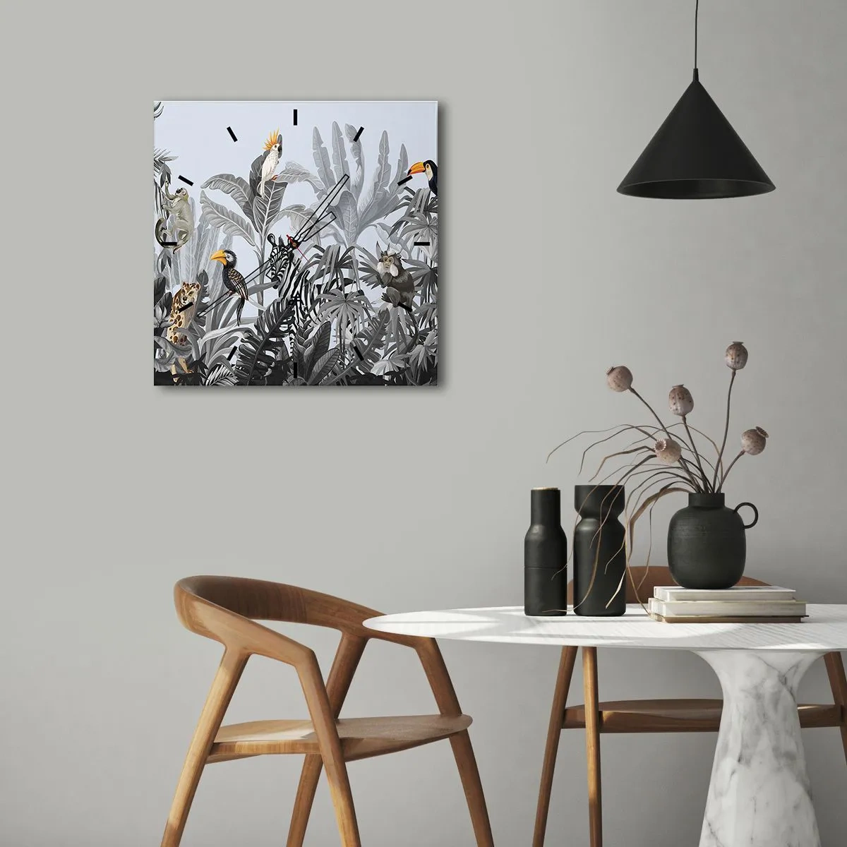 Zegar ścienny - Tropikalna dżungla z egzotycznymi zwierzętami na szarym tle - 30x30cm - Afrykańska bajka - Nowoczesna dekoracja ścienna do salonu i sypialni ARTTOR