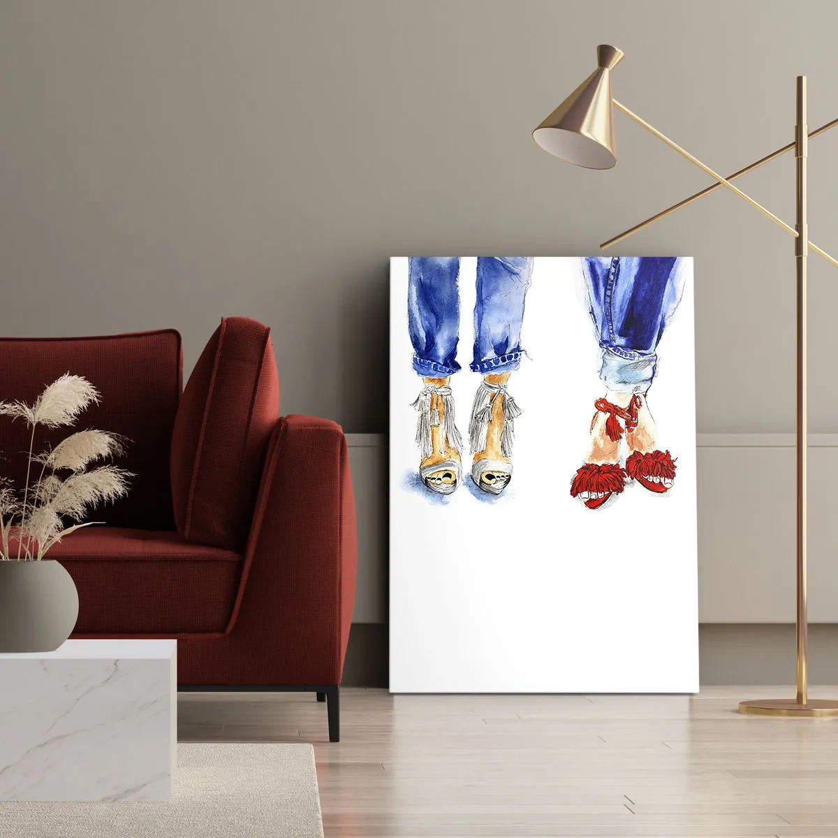 Obraz na płótnie - Stylowa ilustracja damskich butów i jeansów - 50x70cm - Może pójdziemy na spacer? - Nowoczesna dekoracja ścienna do salonu, kuchni i sypialni ARTTOR