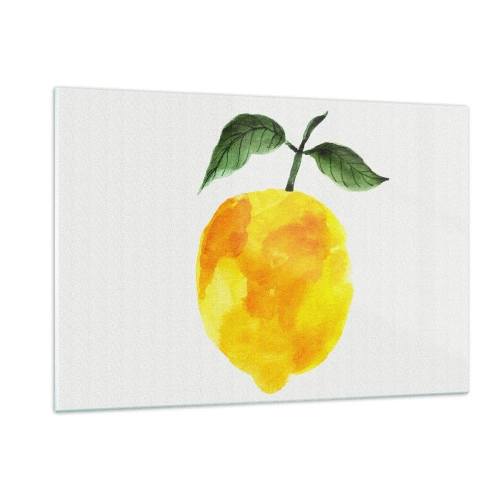Obraz na szkle - Cytryna w stylu akwarelowym z zielonymi liśćmi - 120x80cm - Jak poznać smak słońca - Nowoczesna dekoracja ścienna do salonu, kuchni i sypialni ARTTOR