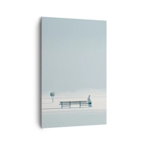 Obraz na płótnie - Osoba siedząca na ławce w minimalistycznym krajobrazie - 80x120cm - Tak, czekam. - Nowoczesna dekoracja ścienna do salonu i sypialni ARTTOR