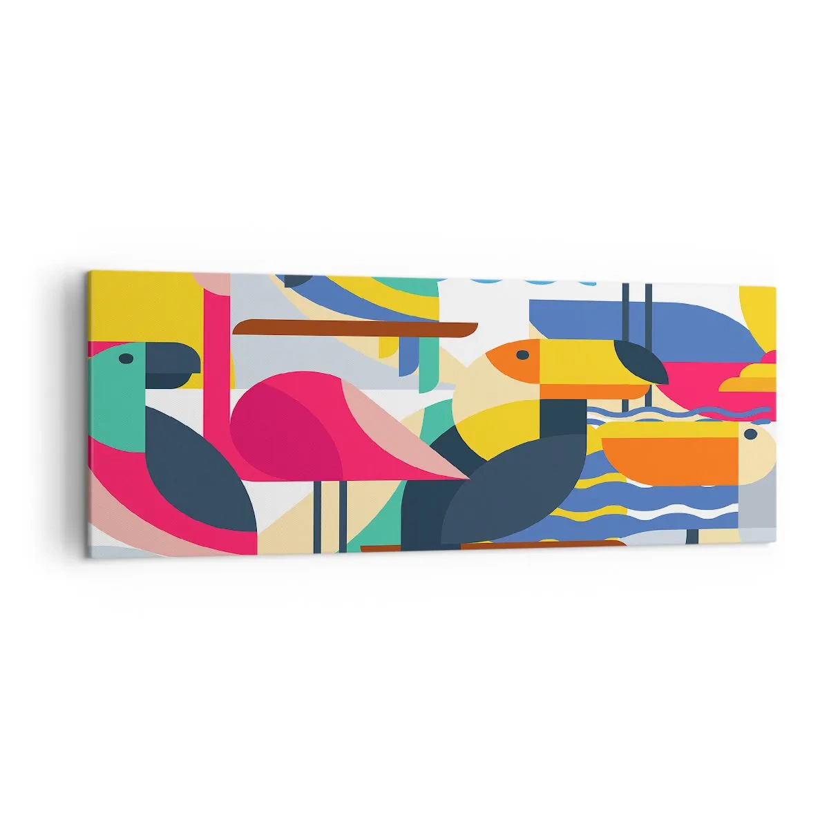 Obraz na płótnie - Kolorowe ptaki w abstrakcyjnej, geometrycznej kompozycji - 140x50cm - Ptasie party - Nowoczesna dekoracja ścienna do salonu i sypialni ARTTOR